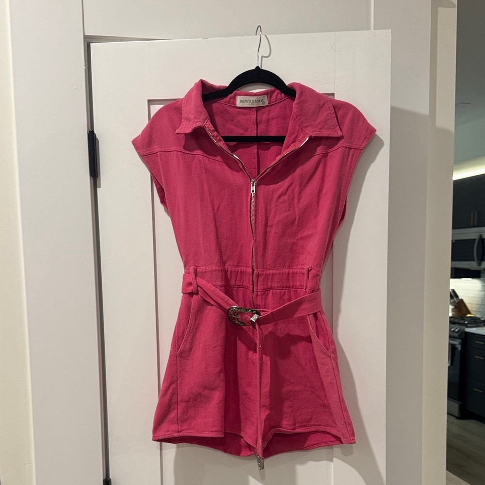 Hot Pink Zip-Front Romper with Belted Waist